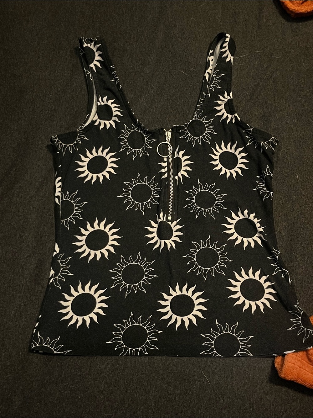 Rue21 Black Tank Top with White Sun Print & Front Zip